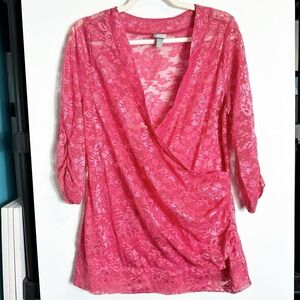 Vanity Womens Sz XL Hot Pink Sheer Lace Faux Wrap Blouse 3/4 Sleeve Excellent